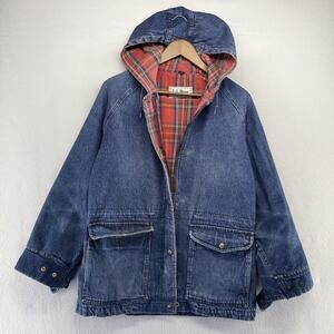 Vintage LL Bean Jacket Womens M/L Blue Denim Hooded Barn Chore Flannel Lined 90s